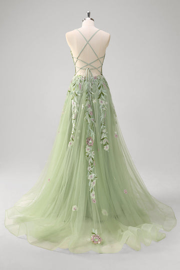 Verde paillettes una linea di tulle applique corsetto lungo abito da cerimonia con fessura